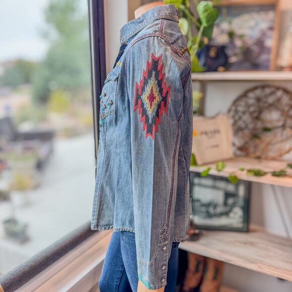 Double D Ranch, Embroidered Denim Shirt Jacket Snap Buttons, Studs, Beads-Large - Picture 7 of 14